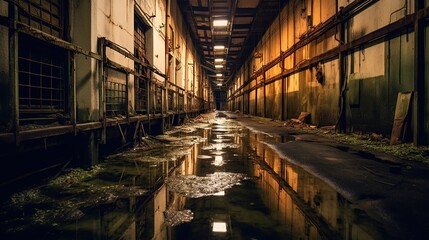 Wall Mural - Abandoned prison hallway with water reflection and detailed decay