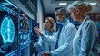 © Nuth - Group of medical professionals analyzing brain scans on digital screens in a modern lab, showcasing cutting-edge healthcare technology.