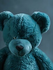 Wall Mural - A teal plush teddy bear with an angry expression poses in front of a monochrome background, exuding a mood of frustration