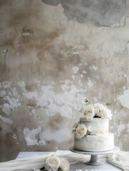 A two tier wedding cake with a few white roses on a table in front of a wall with plenty of copy space.