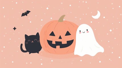 Wall Mural - Charming Halloween 2D illustration. Black cat, jack o lantern with classic face and cute ghost flat cartoon image colorful scene. Bats, stars and crescent moon on Helloween wallpaper art