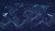 © PSCL RDL - Abstract background - Airplanes fly over the world map - Planes routes shape the world air travel concept, line art vector illustration in modern minimal