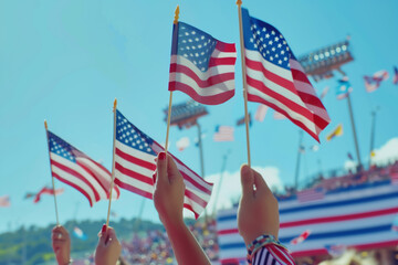 People waving american flags at a summer event