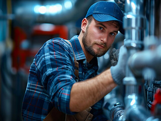 Industrial Plumber Working on Piping System in a Manufacturing Plant