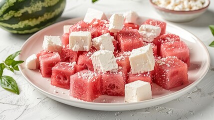 Wall Mural - Watermelon and Feta Salad on White Plate