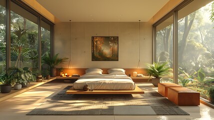 Poster - Sunlit bedroom with a minimalist design, featuring a simple bed with white linens and a single piece of art.