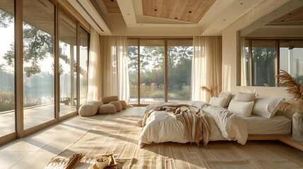 Poster - Sunlit bedroom with a minimalist design, featuring a simple bed with white linens and a single piece of art.