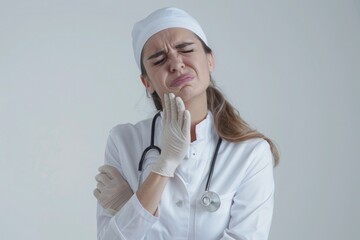 an woman in white attire clutching her hand in pain isolated on a white background