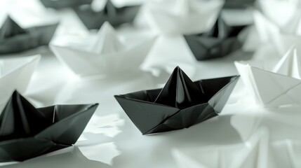 Wall Mural - Decorative Symbol. Unique Concept of Black Paper Origami Ships Among White Ones