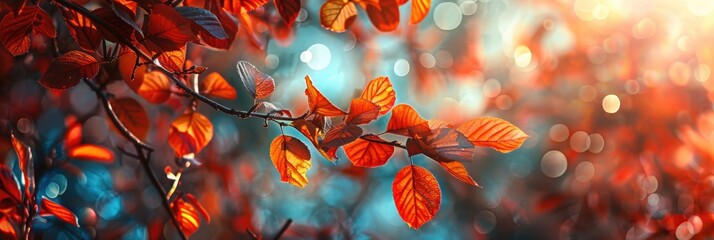 Wall Mural - Fall Tree Leaves. Autumnal Bright Leaves Swinging in Park with Beautiful Bokeh Background