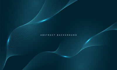 Poster - Glowing blue wavy lines on abstract technology dark blue background. Digital hi-tech vector illustration with particle striped wave lines
