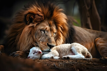 A lion and a lamb resting peacefully side by side