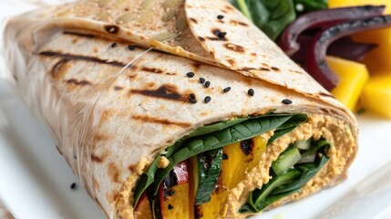 A high-fiber lunch option with a whole-grain wrap filled with hummus, spinach, and grilled vegetables, served with a side of mixed fruit salad