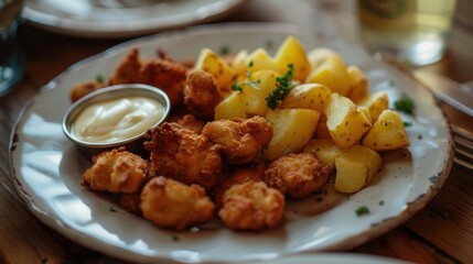 Wall Mural - A plate of potatoes and mayonnaise-topped nuggets for breakfast