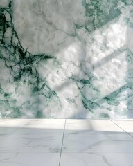 Wall Mural - white marble  with green veins and sunlight shadows. product presentation background