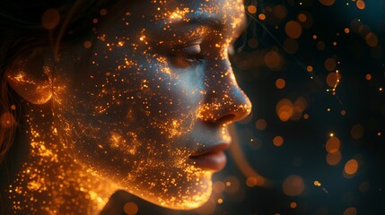 Wall Mural - Close-Up Profile of a Woman's Face Illuminated by Glowing Particles