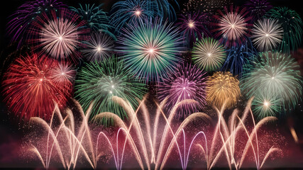 Fireworks Bursting. A Kaleidoscope of Colors on a Black Canvas