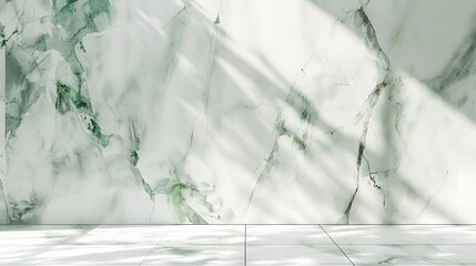 Sticker - white marble  with green veins and sunlight shadows. product presentation background