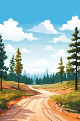 Wall Mural - road in fir tree forest in beautiful nature landscape illustration