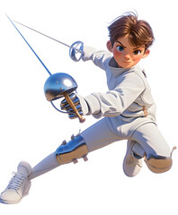 Wall Mural - Fencing sport 3d cartoon character on white background