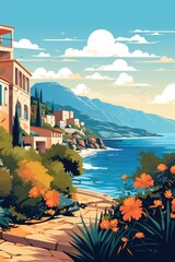 Wall Mural - mediterranean landscape in summer by sea illustration