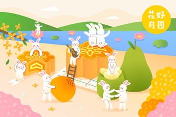 Wall Mural - Translation - happy moon festival; Mid-Autumn Festival. Rabbits celebrate Mid Autumn Festival together in the garden