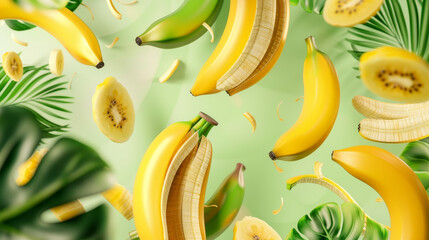 Wall Mural - Flying fruit background featuring realistic yellow and green bananas in motion. 3D natural food ingredients with text, showcasing sweet tropical dessert. Includes pieces and whole bananas, ideal for a