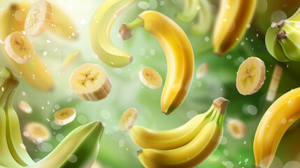 Wall Mural - Flying fruit background featuring realistic yellow and green bananas in motion. 3D natural food ingredients with text, showcasing sweet tropical dessert. Includes pieces and whole bananas, ideal for a