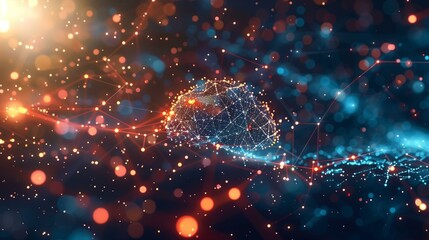 Abstract digital brain blue background with glowing red blue dots, computer connection creative concept