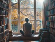 © Thares2020 - Student Lost in Thought Studying Peacefully in Cozy Library Surrounded by Books and Warm Autumn Light