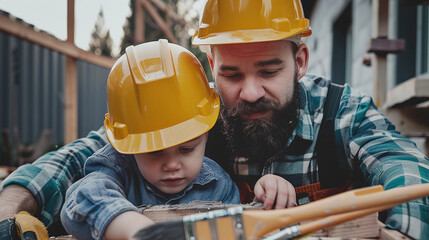 Dad and son in yellow construction helmets are fixing something together in the garden