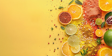 Wall Mural - banner background for citrus fruit product ingredients and spices