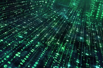 A dense matrix of green or black characters resembling binary code, forming a digital background.
