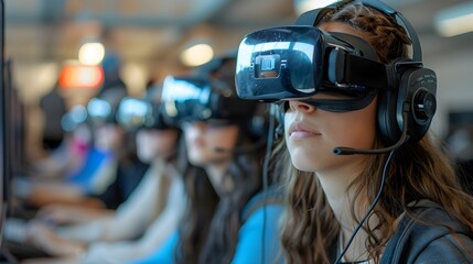 Wall Mural - Immersive Language Lab with Students Practicing Headsets for Interactive Learning