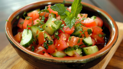 Wall Mural - Bowl of tomato and cucumber salad tossed in a tangy vinaigrette garnished with fresh mint leaves