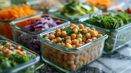 Wall Mural - Glass containers with colorful salads including quinoa chickpeas cherry tomatoes and mixed greens