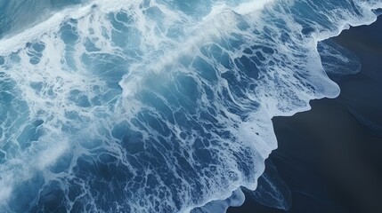 Aerial view of clear ocean waves splashing on navy blue sand beach in stunning perspective