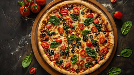 Wall Mural - Vegan pizza with crispy crust tomato sauce vegan mozzarella spinach cherry tomatoes black olives