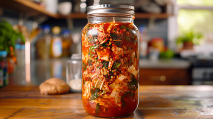 Glass jar of spicy red kimchi fermenting on a wooden kitchen counter