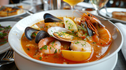 Hearty bowl of bouillabaisse French seafood stew with fish shellfish and saffron-infused broth