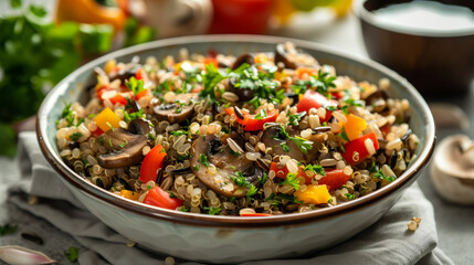 Wall Mural - Bowl of mixed grain pilaf with wild rice quinoa sautéed mushrooms bell peppers garnished with fresh parsley