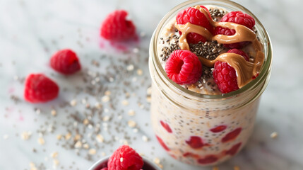 jar of overnight oats with almond milk chia seeds raspberries almond butter drizzle