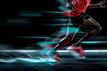 Defined musculature and blurred motion combine in a close-up of an athlete's legs, illuminated by dramatic lighting on a black background.