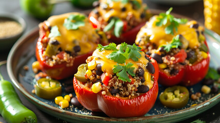 Wall Mural - Dairy-free stuffed bell peppers with quinoa black beans corn and cheese sauce