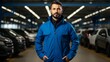 © sorin - Auto technician in blue uniform repairs car in modern garage for maintenance service