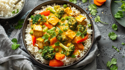 Wall Mural - Bowl of coconut curry with tofu bell peppers broccoli carrots served over jasmine rice