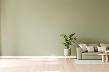 Wall Mural - Modern minimalist living room features a stylish green wall, a cozy beige couch with matching cushions, a potted plant, and a light wooden floor, 3d render.