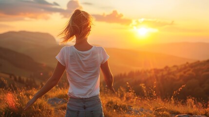 Poster - Silhouetted Woman at Breathtaking Sunset Overlooking Expansive Mountain Landscape Capturing Essence of Optimism and Future