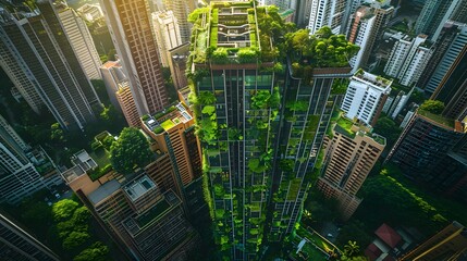 Poster - Bird s Eye View of a Vibrant Eco Friendly Metropolitan City with Towering Skyscrapers and Rooftop Gardens