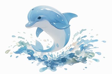 Playful Dolphin Vibrant Clip Art Watercolor Illustration of Cute Marine Mammal Jumping in the Ocean